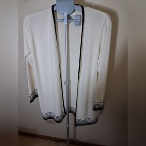 White Open Front Cardigan with Black Trim
